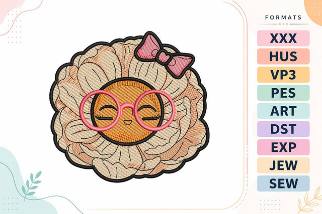 Cute Flower with Pink Glasses and Bow Embroidery Design Embroidery/Applique DESIGNS sg embroidery 