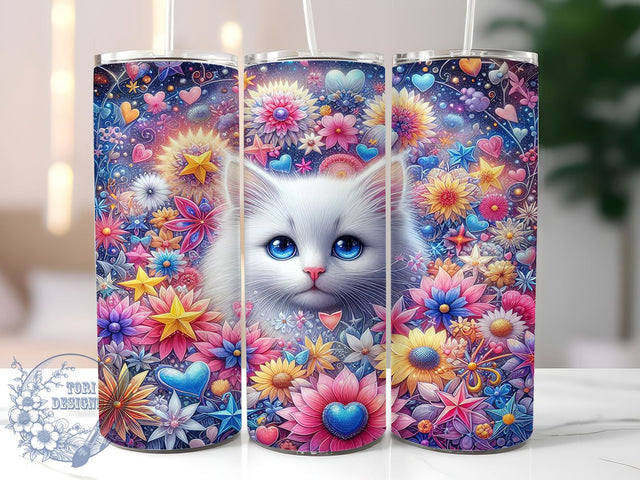Cute Flowers Cat 20oz Skinny Tumbler, Cat Lovers Tumbler Png, Straight & Tapered Tumbler Wrap, Instant Digital Download Sublimation ToriDesigns 