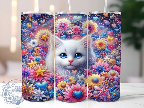 Cute Flowers Cat 20oz Skinny Tumbler, Cat Lovers Tumbler Png, Straight & Tapered Tumbler Wrap, Instant Digital Download Sublimation ToriDesigns 