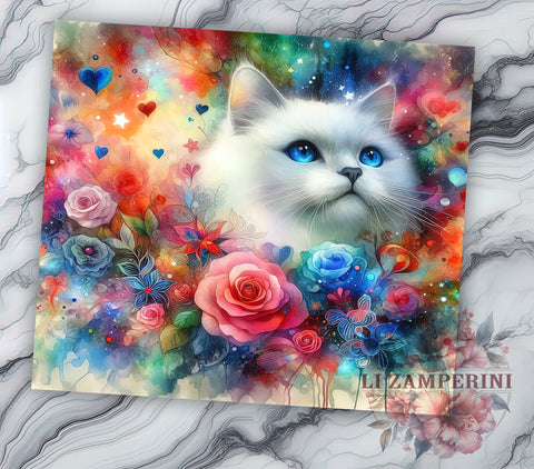 Cute Flowers Cat 20oz Tumbler Wrap PNG, Cute Cat Tumbler Png, Straight & Tapered Tumbler Wrap, Instant Digital Download Sublimation Li Zamperini 