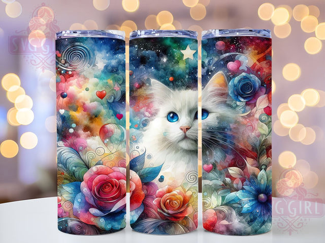 Cute Flowers Cat 20oz Tumbler Wrap Sublimation Design, Straight Tapered Tumbler Wrap, Cat Lovers Tumbler Png, Instant Digital Download Sublimation SvggirlplusArt 