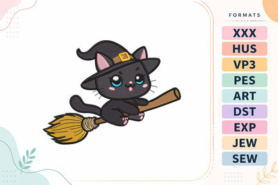 Cute Flying Witch Cat Broom Embroidery Design Embroidery/Applique DESIGNS sg embroidery 