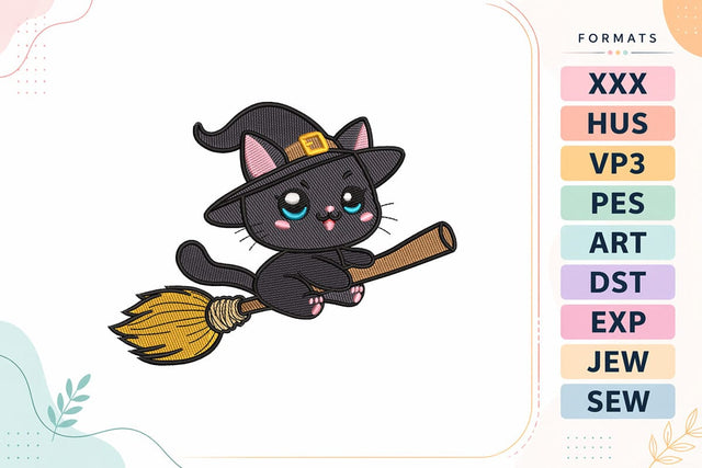 Cute Flying Witch Cat Broom Embroidery Design Embroidery/Applique DESIGNS sg embroidery 