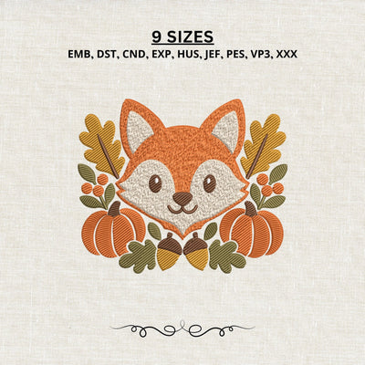 Cute Fox Fall Embroidery Design – Autumn Fox with Pumpkins Acorns Leaves, Woodland Animal Machine Embroidery File Embroidery/Applique DESIGNS PatternFeed8 