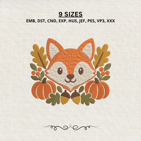 Cute Fox Fall Embroidery Design – Autumn Fox with Pumpkins Acorns Leaves, Woodland Animal Machine Embroidery File Embroidery/Applique DESIGNS PatternFeed8 