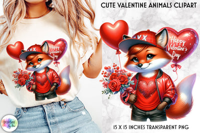 Cute Fox with Red Balloon and Roses, Valentine Clipart Sublimation Designs by Ira 