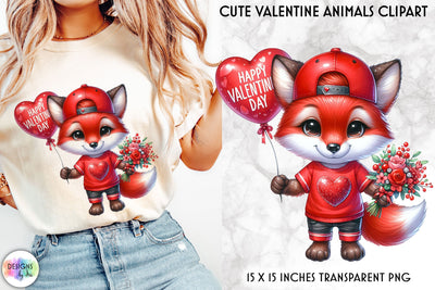 Cute Fox with Red Balloon and Roses, Valentine Clipart Sublimation Designs by Ira 