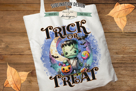 Cute Frankenstein Trick or Treat Halloween PNG Design for Sublimation and DTF Sublimation Ewe-N-Me Designs 