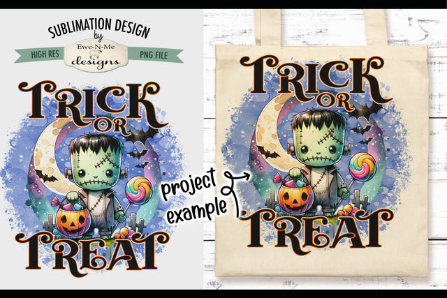 Cute Frankenstein Trick or Treat Halloween PNG Design for Sublimation and DTF Sublimation Ewe-N-Me Designs 