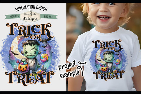 Cute Frankenstein Trick or Treat Halloween PNG Design for Sublimation and DTF Sublimation Ewe-N-Me Designs 