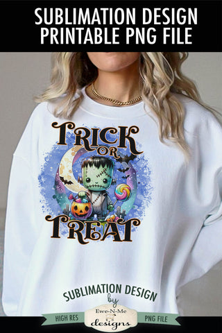 Cute Frankenstein Trick or Treat Halloween PNG Design for Sublimation and DTF Sublimation Ewe-N-Me Designs 