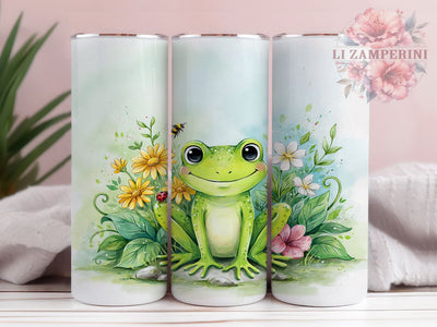 Cute Frog Garden Art 20oz Tumbler, Cartoon Style, Garden Scene, Floral Design, Whimsical Illustration, Skinny Tumbler, Sublimation PNG Sublimation Li Zamperini 