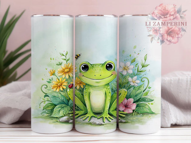 Cute Frog Garden Art 20oz Tumbler, Cartoon Style, Garden Scene, Floral Design, Whimsical Illustration, Skinny Tumbler, Sublimation PNG Sublimation Li Zamperini 