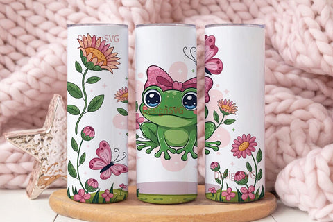Cute Frog with Flowers Tumbler Wrap Sublimation DesignSVG 