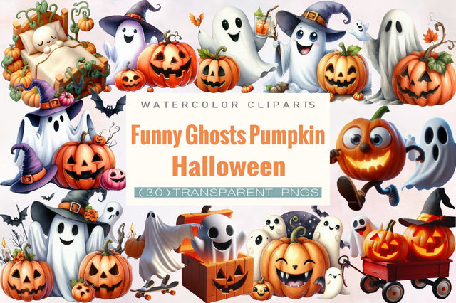 Cute Funny Ghost Pumpkin Halloween Clipart Bundle. Sublimation SVGArt 