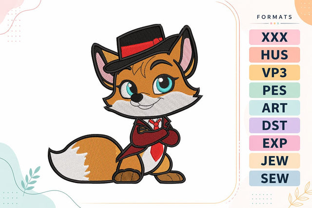 Cute Gentleman Fox Embroidery Design - Kawaii Fox Character Embroidery/Applique DESIGNS sg embroidery 