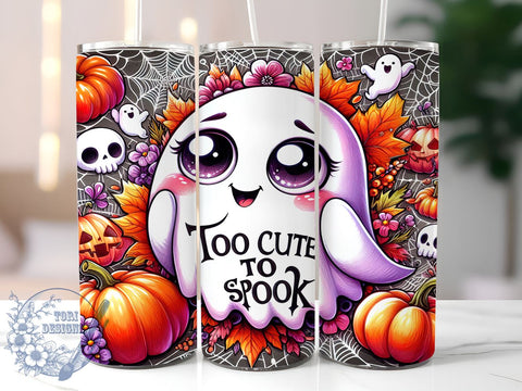 Cute Ghost 20oz Skinny Tumbler PNG, Too Cute To Spook Tumbler Sublimation Wrap, Straight & Tapered Tumbler Wrap, Instant Digital Download Sublimation ToriDesigns 