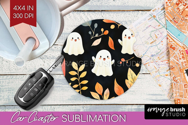 Cute Ghost Car Coaster PNG - Halloween Coaster Sublimatoin Sublimation OrangeBrushStudio 