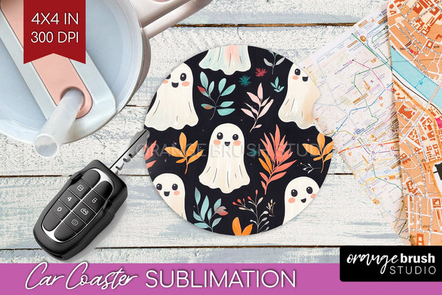 Cute Ghost Car Coaster PNG - Halloween Coaster Sublimatoin Sublimation OrangeBrushStudio 