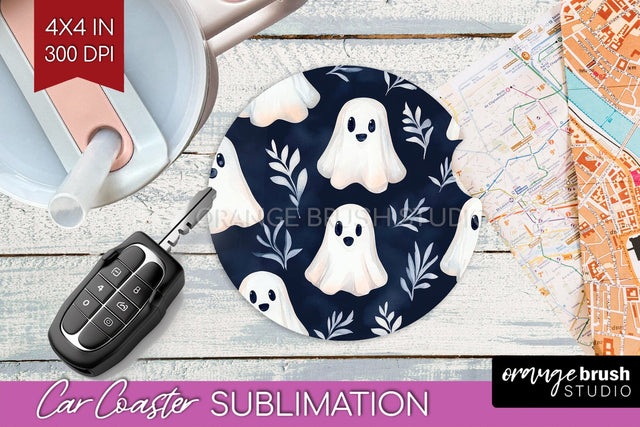 Cute Ghost Car Coaster PNG - Halloween Coaster Sublimatoin Sublimation OrangeBrushStudio 