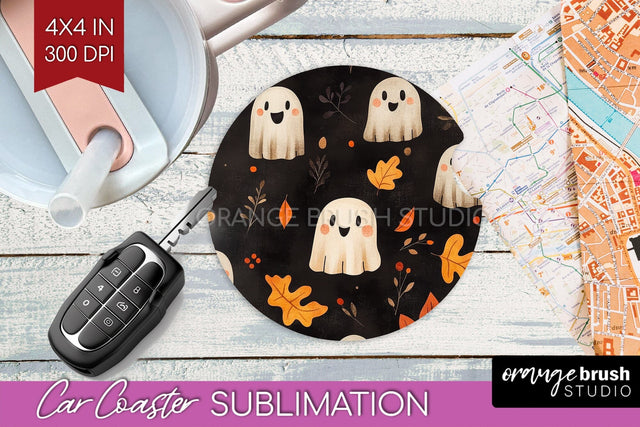 Cute Ghost Car Coaster PNG - Halloween Coaster Sublimatoin Sublimation OrangeBrushStudio 