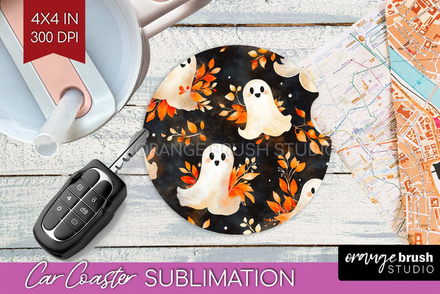 Cute Ghost Car Coaster PNG - Halloween Coaster Sublimatoin Sublimation OrangeBrushStudio 