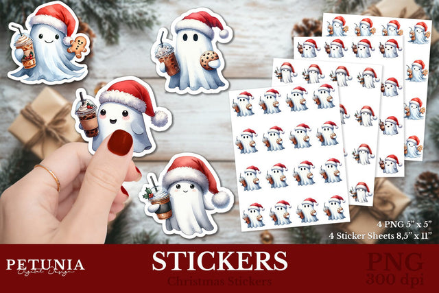 Cute Ghost Christmas Stickers | Printable Christmas Stickers Sublimation Petunia Digital Design 