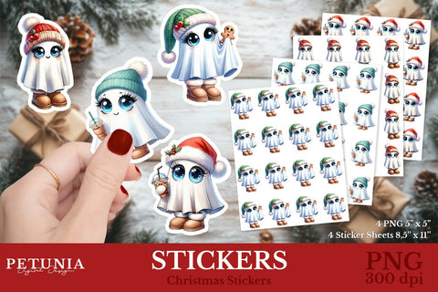 Cute Ghost Christmas Stickers | Printable Christmas Stickers Sublimation Petunia Digital Design 