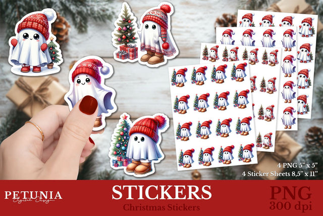 Cute Ghost Christmas Stickers | Printable Christmas Stickers Sublimation Petunia Digital Design 