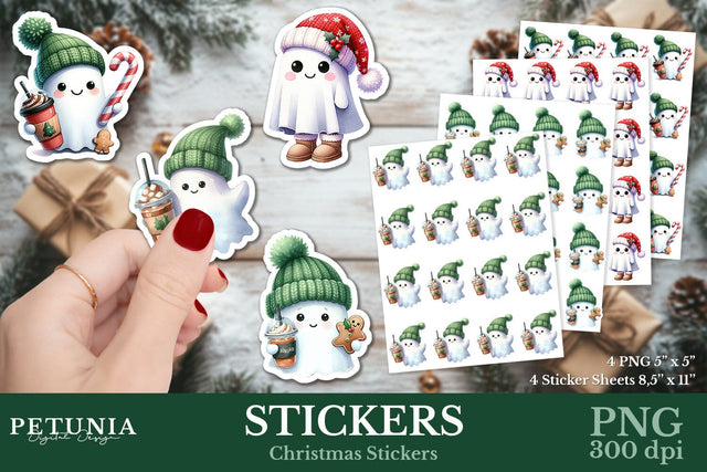 Cute Ghost Christmas Stickers | Printable Christmas Stickers Sublimation Petunia Digital Design 