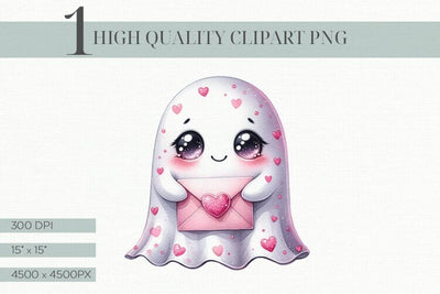 Cute Ghost Clipart, Kawaii Valentine's Ghost with Heart Sublimation BijouBay 