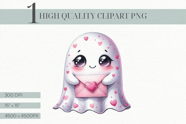 Cute Ghost Clipart, Kawaii Valentine's Ghost with Heart Sublimation BijouBay 
