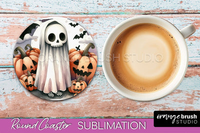 Cute Ghost Coasters - Halloween Round Coaster Sublimation Sublimation OrangeBrushStudio 