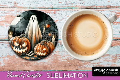 Cute Ghost Coasters - Halloween Round Coaster Sublimation Sublimation OrangeBrushStudio 