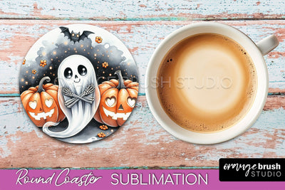 Cute Ghost Coasters - Halloween Round Coaster Sublimation Sublimation OrangeBrushStudio 