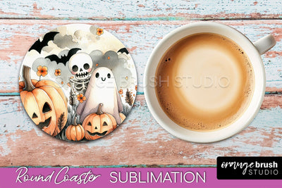 Cute Ghost Coasters - Halloween Round Coaster Sublimation Sublimation OrangeBrushStudio 