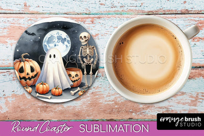 Cute Ghost Coasters - Halloween Round Coaster Sublimation Sublimation OrangeBrushStudio 