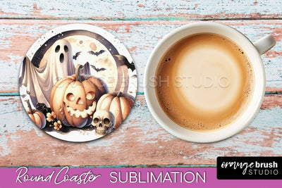 Cute Ghost Coasters - Halloween Round Coaster Sublimation Sublimation OrangeBrushStudio 