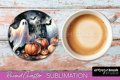 Cute Ghost Coasters - Halloween Round Coaster Sublimation Sublimation OrangeBrushStudio 