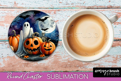 Cute Ghost Coasters - Halloween Round Coaster Sublimation Sublimation OrangeBrushStudio 