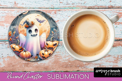 Cute Ghost Coasters - Halloween Round Coaster Sublimation Sublimation OrangeBrushStudio 