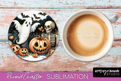 Cute Ghost Coasters - Halloween Round Coaster Sublimation Sublimation OrangeBrushStudio 