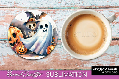 Cute Ghost Coasters - Halloween Round Coaster Sublimation Sublimation OrangeBrushStudio 