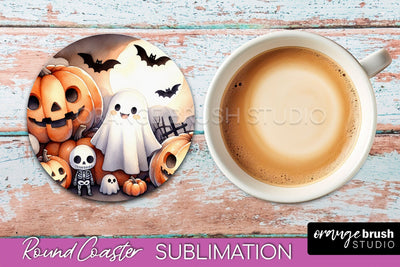Cute Ghost Coasters - Halloween Round Coaster Sublimation Sublimation OrangeBrushStudio 