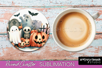 Cute Ghost Coasters - Halloween Round Coaster Sublimation Sublimation OrangeBrushStudio 