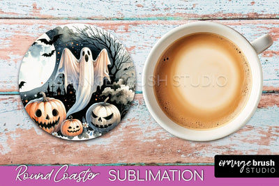 Cute Ghost Coasters - Halloween Round Coaster Sublimation Sublimation OrangeBrushStudio 