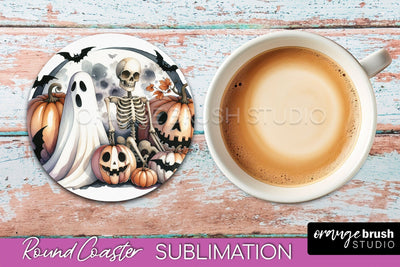 Cute Ghost Coasters - Halloween Round Coaster Sublimation Sublimation OrangeBrushStudio 