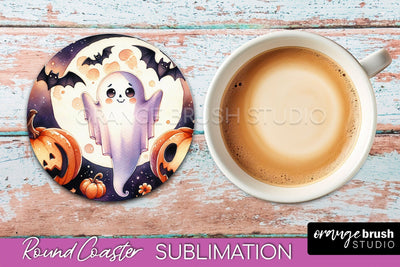 Cute Ghost Coasters - Halloween Round Coaster Sublimation Sublimation OrangeBrushStudio 