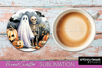 Cute Ghost Coasters - Halloween Round Coaster Sublimation Sublimation OrangeBrushStudio 