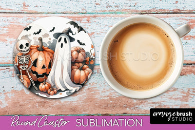 Cute Ghost Coasters - Halloween Round Coaster Sublimation Sublimation OrangeBrushStudio 